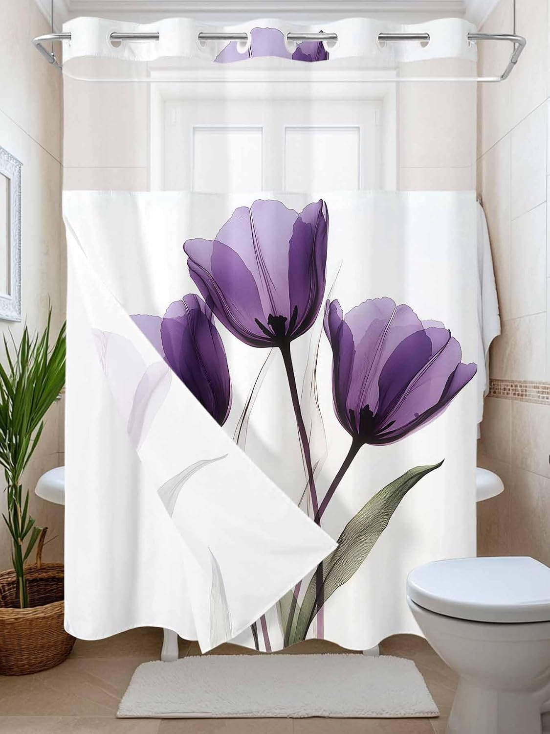 No Hooks Shower Curtain with Snap in Fabric Liner Set,Purple Tulip Flowers Shower Curtains Waterproof & Washable Bathroom Curtain with See Through Top Window,Hotel Style,60"x72"