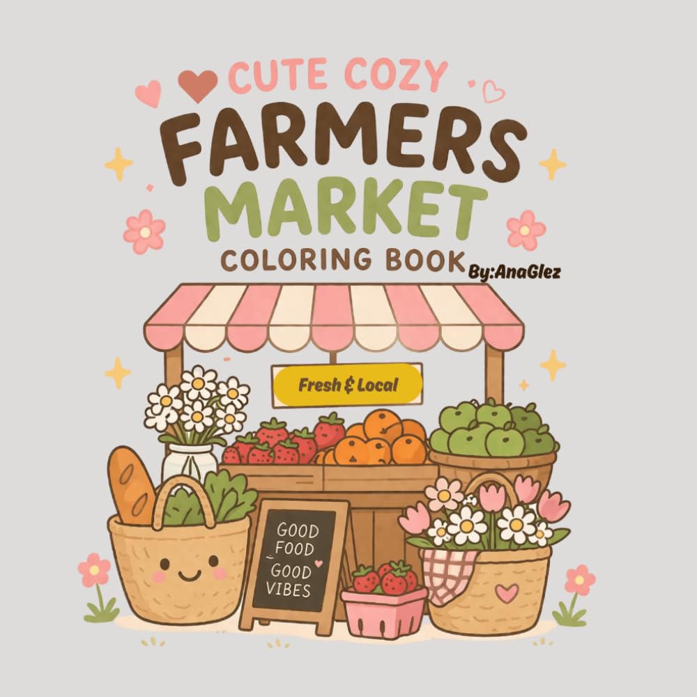 Cute Cozy Farmers Market Coloring Book: Kawaii Coloring Pages for Relaxation & Fun