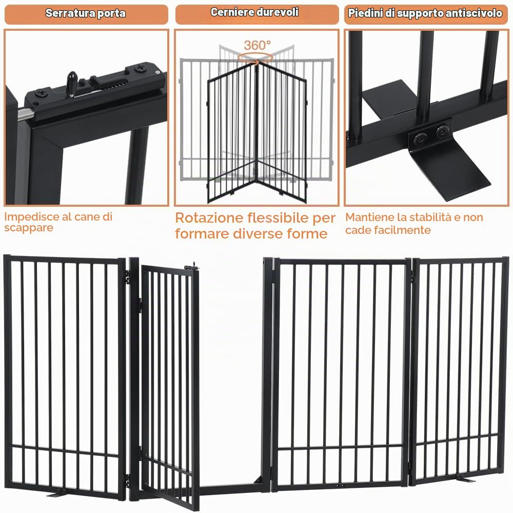 SMONTER Cancello per cani autoportante con porta passante, recinto per cani da interno extra largo 204 cm, altezza 80 cm, 4 pannelli, pieghevole, in metallo, per scale, corridoi, porte