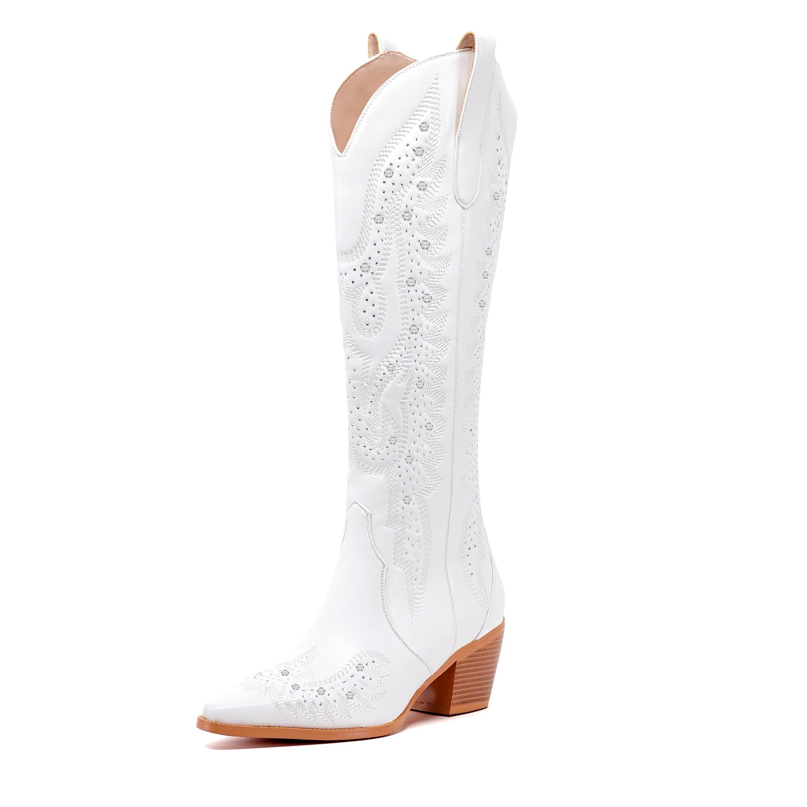 ADAMUMU Womens Wide Calf Cowboy Boots Classic Western-Style Cowboys Boots for Women Pointed Toe Womens Cowgirl Boots with Chunky Heel Non-Slip Sole