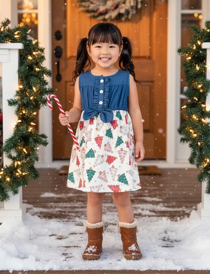 Image of Unique Baby Girls Sleeveless Denim Dress with Knot Tie and Fun Print for Toddler and Big Kids