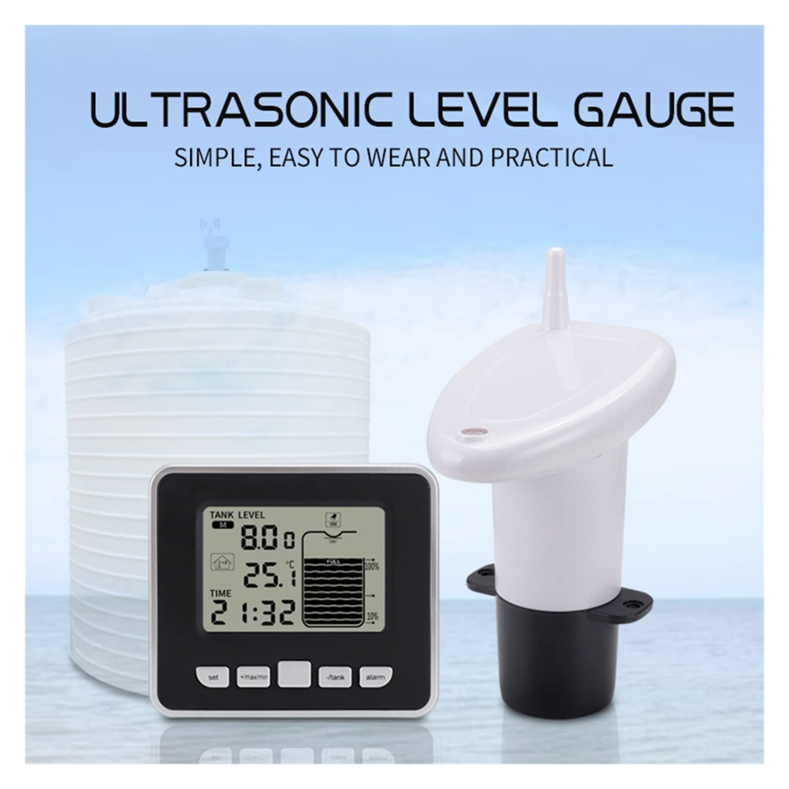 Medidor de Gasoil Deposito, Indicador de nivel Medidor de nivel ultrasónico Tanque de agua Medidor de profundidad de líquido Pantalla de sensor LED con pantalla de temperatura Herramientas de medición