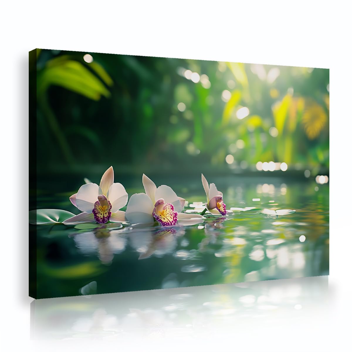 Via Vela Orchid Water Framed Canvas Prints Hallway Zen Garden Blossom Painting Floating Petals Pictures Spa Wall Art for Bathroom Decor 50x75cm