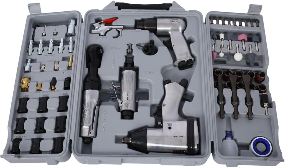 Air Tool and Accessories Kit with Storage Case, 71 Piece Set with Impact Wrench Ratchet Die Grinder Air Hammer Hose Fittings and Couplers, Durable Aluminum Housing, Homonova (Silver)