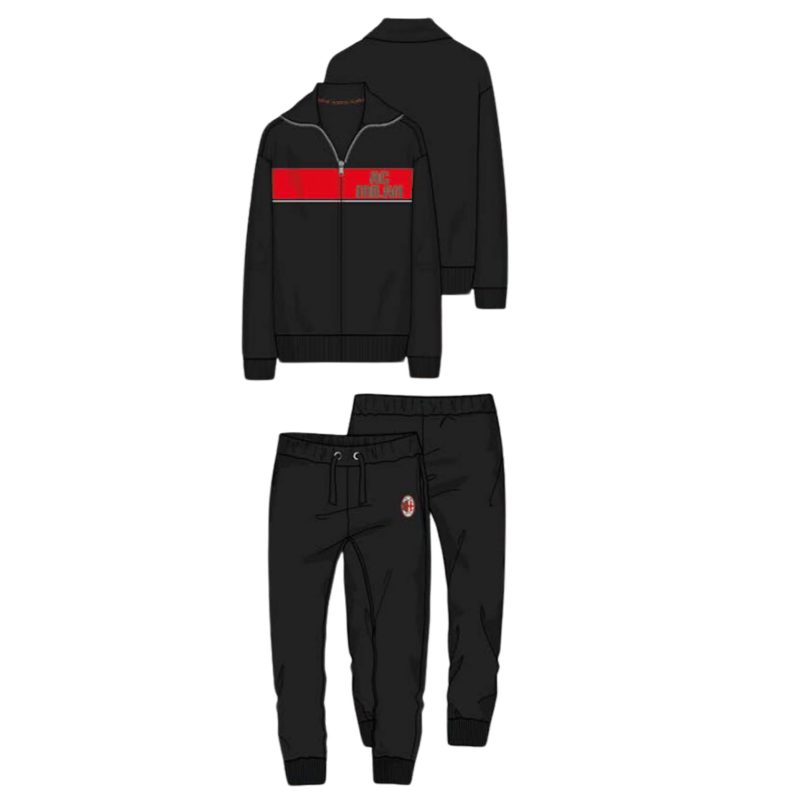 hermet Pigiama Milan Rosso Nero Ragazzo Uomo Ufficiale Homewear Felpa con Zip e Pantalone Lungo 2025 Tuta Cotone (IT, Testo, S, Regular, Nero)