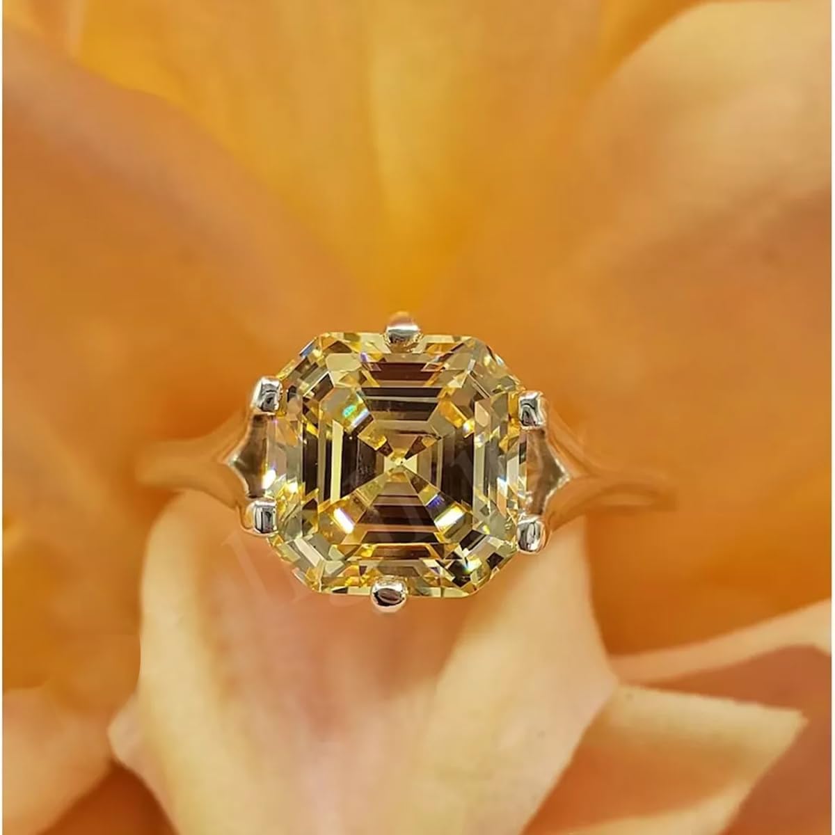 REAL-GEMS 4.0 Ct Certified Asscher Cut Champagne Diamond Ring 14k White Gold Prong Setting Luxury Jewelry for Women