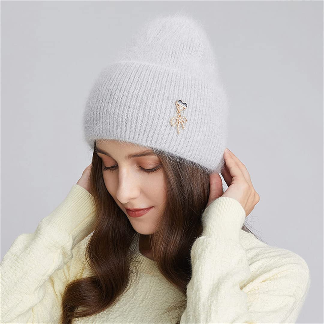 Gorros de Invierno para Mujer, Gorro de Punto de Lana de Angora Suave y cálido, Gorro con puños Anchos, Gorro de Calavera