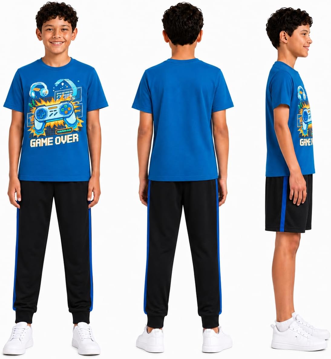 Pro Athlete Boys Pants Set - 3 Piece Active Short Sleeve Graphic Tees Athletic Shorts and Jogger Sweatpants for Boys