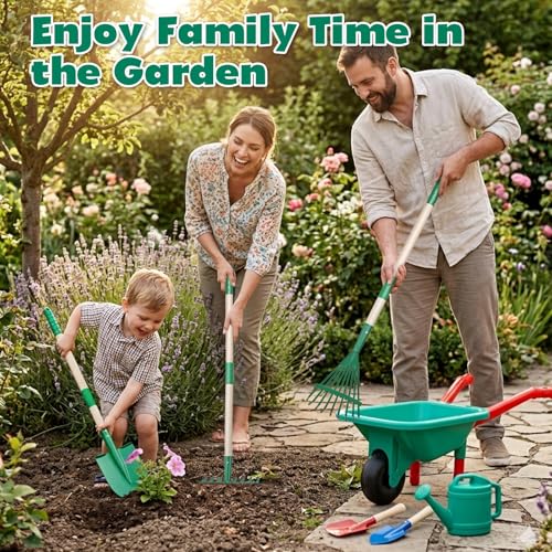 Image of CUTE STONE Kids Gardening Set with Wheelbarrow, Kids Shovel and Rake Set | Dual-length Gardening Tools( Wood Handles & Metal Heads), Watering Can, Gloves for Backyard Outdoor Summer Play