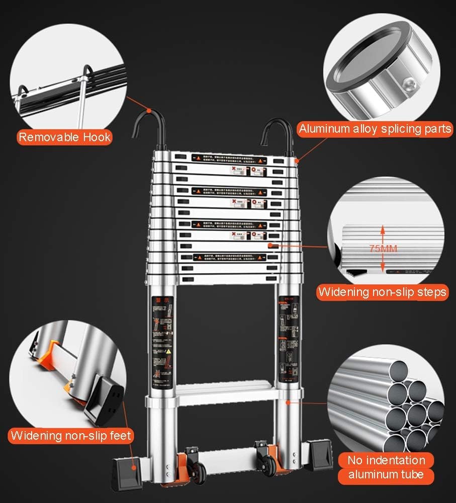 Foldable Aluminum Extension Ladder - Multi-Purpose 12.8ft Lightweight Ladder with Detachable Hook & Stabiliser Bar Supports 330lbs Ideal for Home DIY & Professional Use
