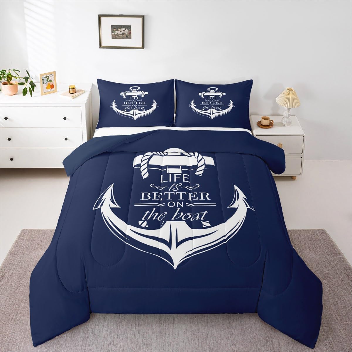 Castle Fairy Nautical Anchor Comforter Set Twin Size,Boat Life Themed Art Anchor Print Bedding Set for Kids Boys Men,Blue Ocean Themed Navy Quilted Duvet Set with 1 Pillowcase