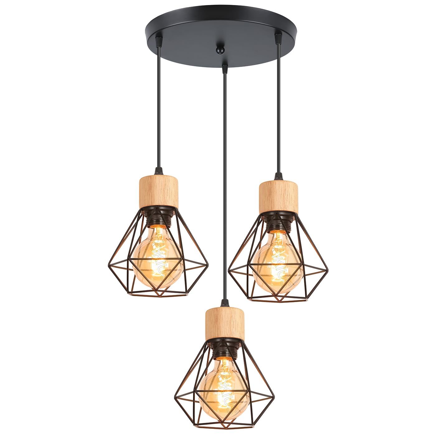 Pendelleuchte Vintage Industrial 16CM Hängelampe mit Geometrischem Design E27 Lampe aus Holz Eisen Käfig Lampenschirm Schwarz Hängeleuchte für Esstisch Küche (Pendellampe 3-flammig, Rondell)