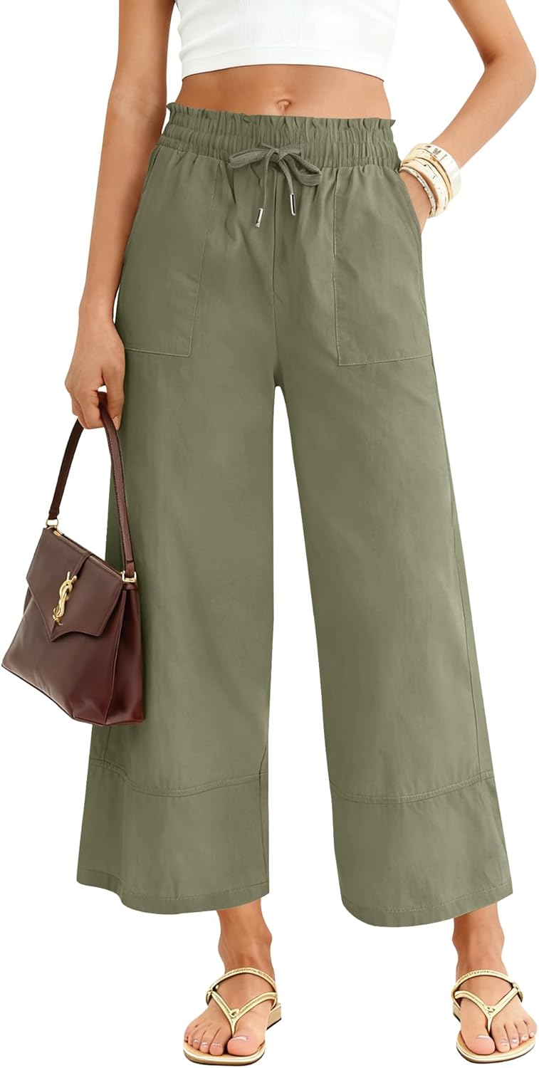 LOMON Women's Wide Leg Pants Dressy Casual Palazzo Pants Flowy Slacks Elastic Waist with Pockets