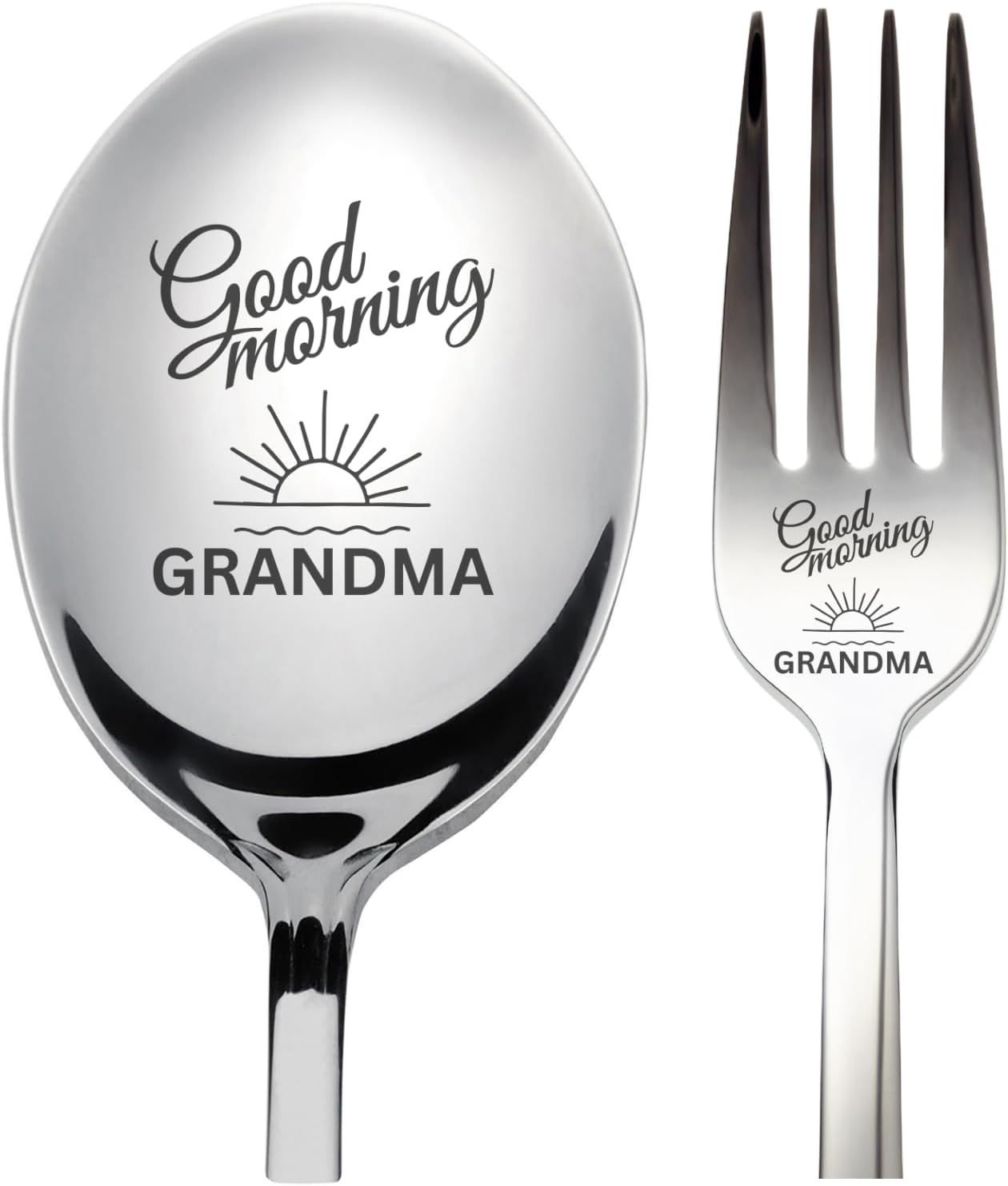 Good Morning GRANDMA Laser Engraved Stainless Steel Spoon and Fork, 7 Inch Length, Mother’s Day Birthday Thanksgiving Christmas Gifts for Best Grandma, 2 Piece