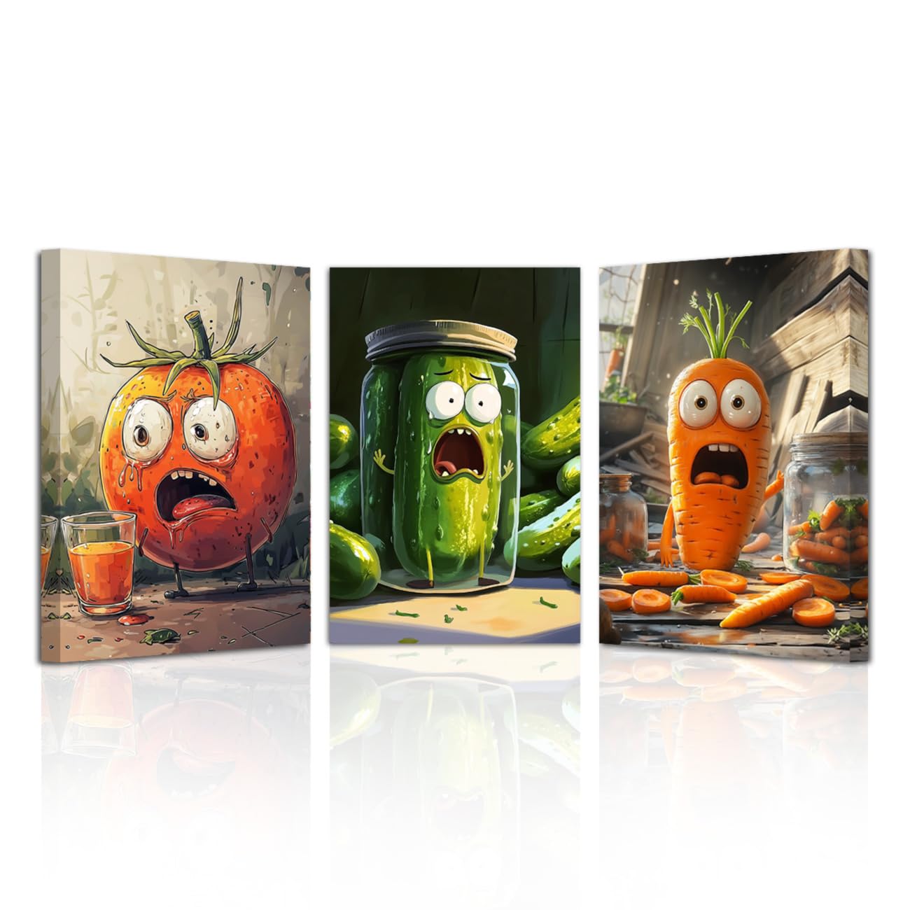 LZIMU Funny Kitchen Wall Art Picture Frame 3 Pieces Whimsical Pickle Canvas Prints Humorous Vegetable Food Paintings for Restaurant Dining Room Decor (Orange, 20x28inchx3 Pieces)