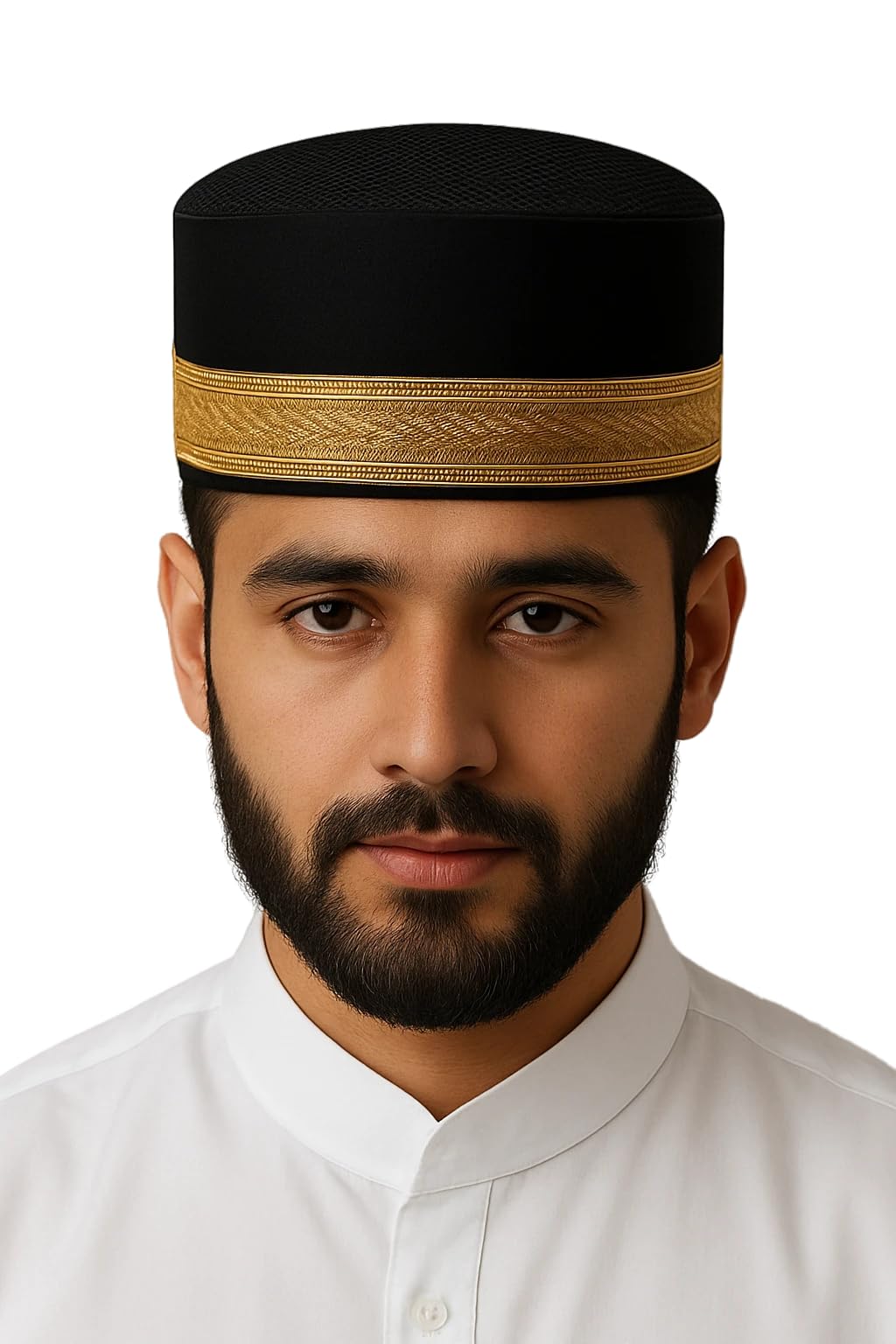 The Miya Store Muslim Cap for Men | Black Velvet Cap with Golden Border | Handmade Traditional Islamic Prayer Cap | Wedding Sufi Khan Cap