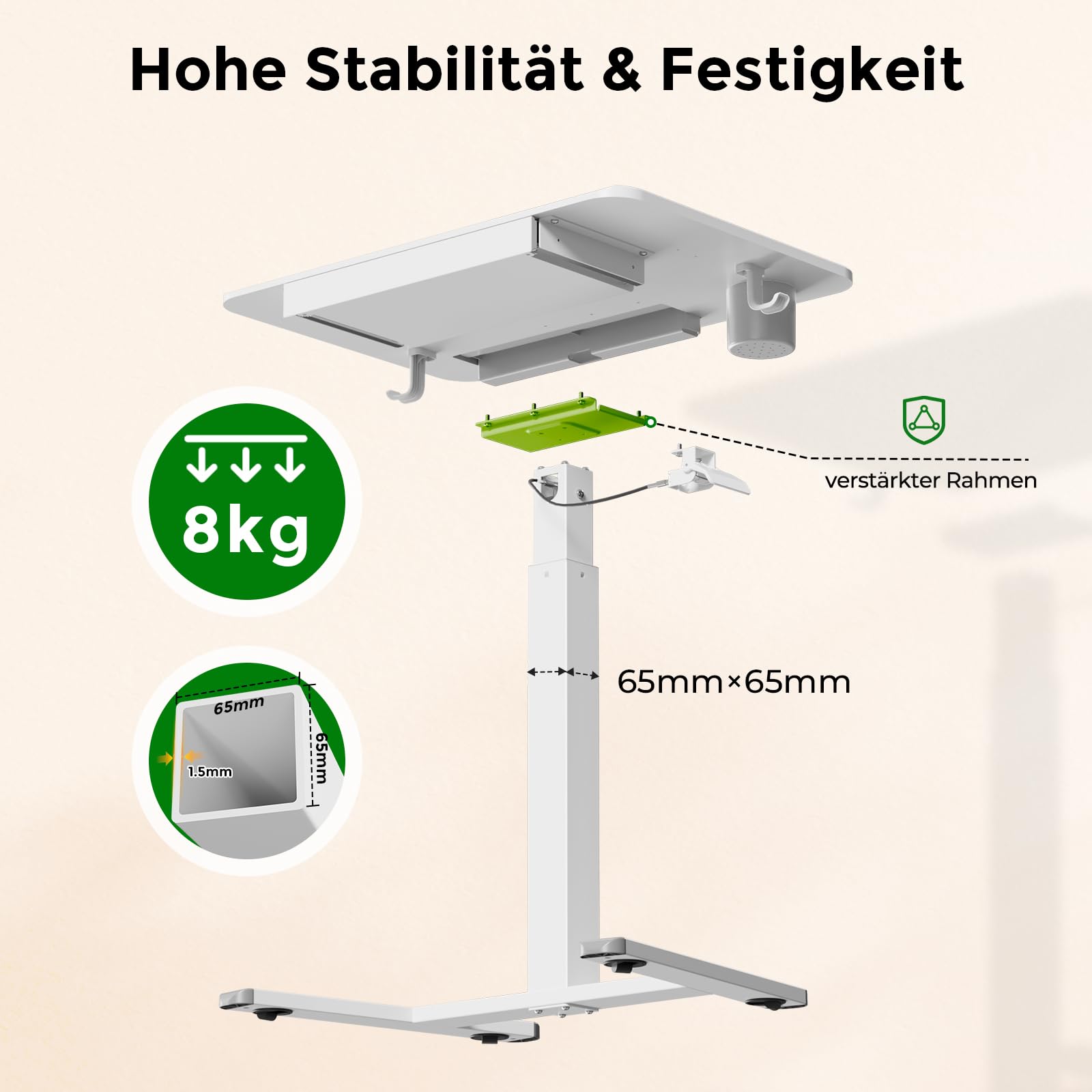 Gibbon Mounts 70x50cm höhenverstellbarer Schreibtisch mit Schublade, Rollen | Weiß Mobiler Laptoptisch mit Handyfach, Halter & Haken, 3cm flacher Sockel für enge Lücken, 4 bremsbare Räder als Ersatz inkl