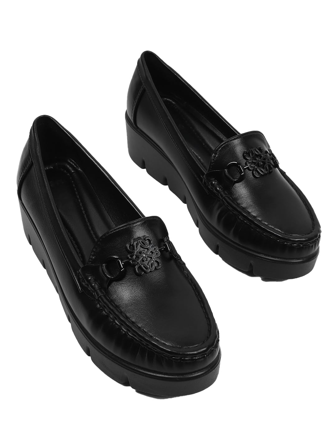 Women's Platform Wedge Loafers – Elegant Slip-On Comfort Shoes with Ornamental Floral Buckle and Chunky Lightweight Sole-image-10