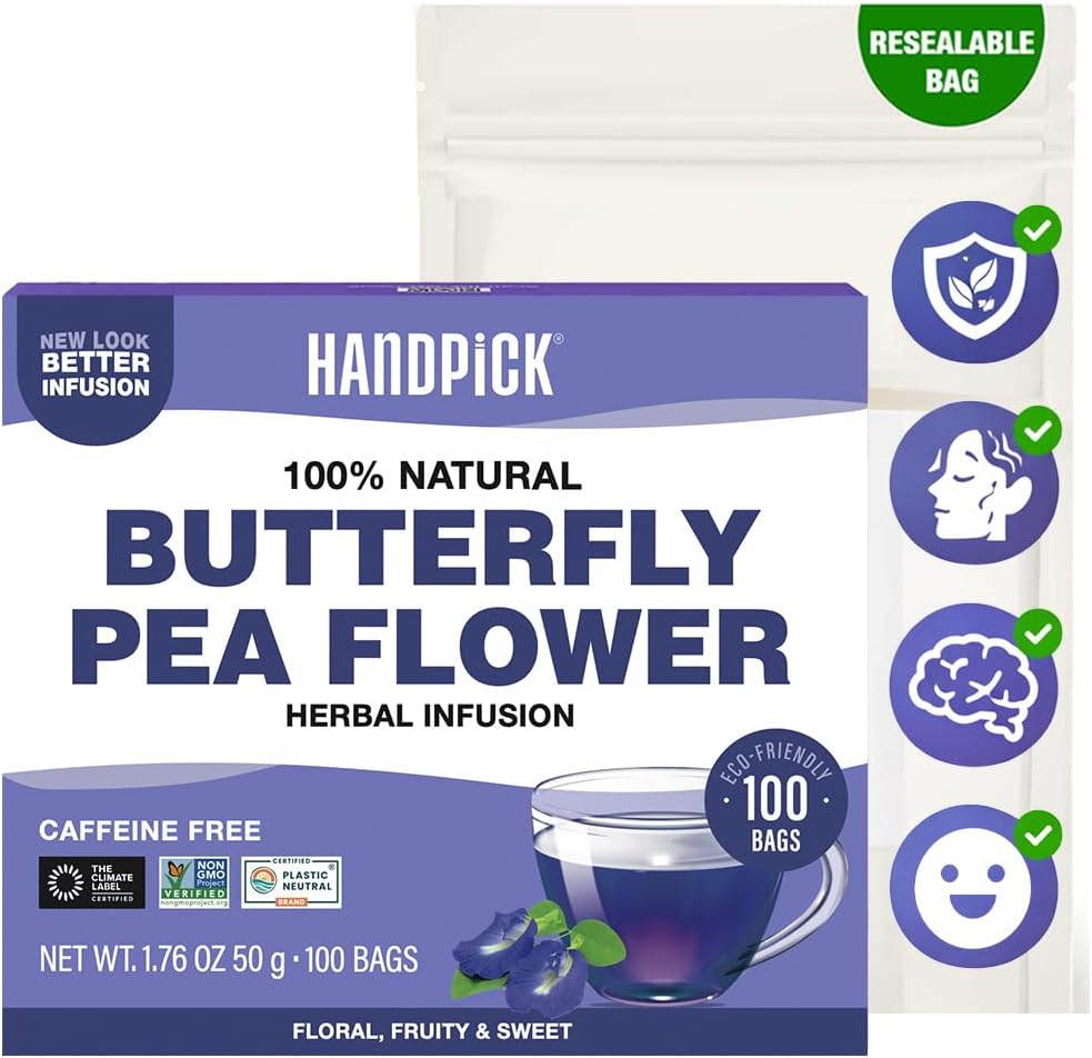HANDPICK, Butterfly Pea Flower Tea (100 Herbal Tea Bags) | Caffeine Free, Non GMO | Premium Dried Butterfly Pea Flowers For Blue & Purple Drinks, Food Coloring | Iced Teas, Coolers, Cocktails
