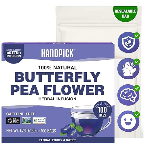 HANDPICK, Té de flor de guisante mariposa (100 bolsitas de té herbal) Sin cafeína, sin OGM Flores secas de guisante mariposa prémium