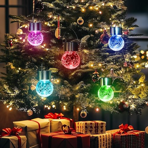 GIGALUMI Solarne lampy zewnętrzne, lampy wiszące do dekoracji bożonarodzeniowej, wzór popękanego szkła, wodoodporne, do ogrodu, na podwórko, ogrodzenie, drzewo, 12 sztuk (zmieniające kolor)