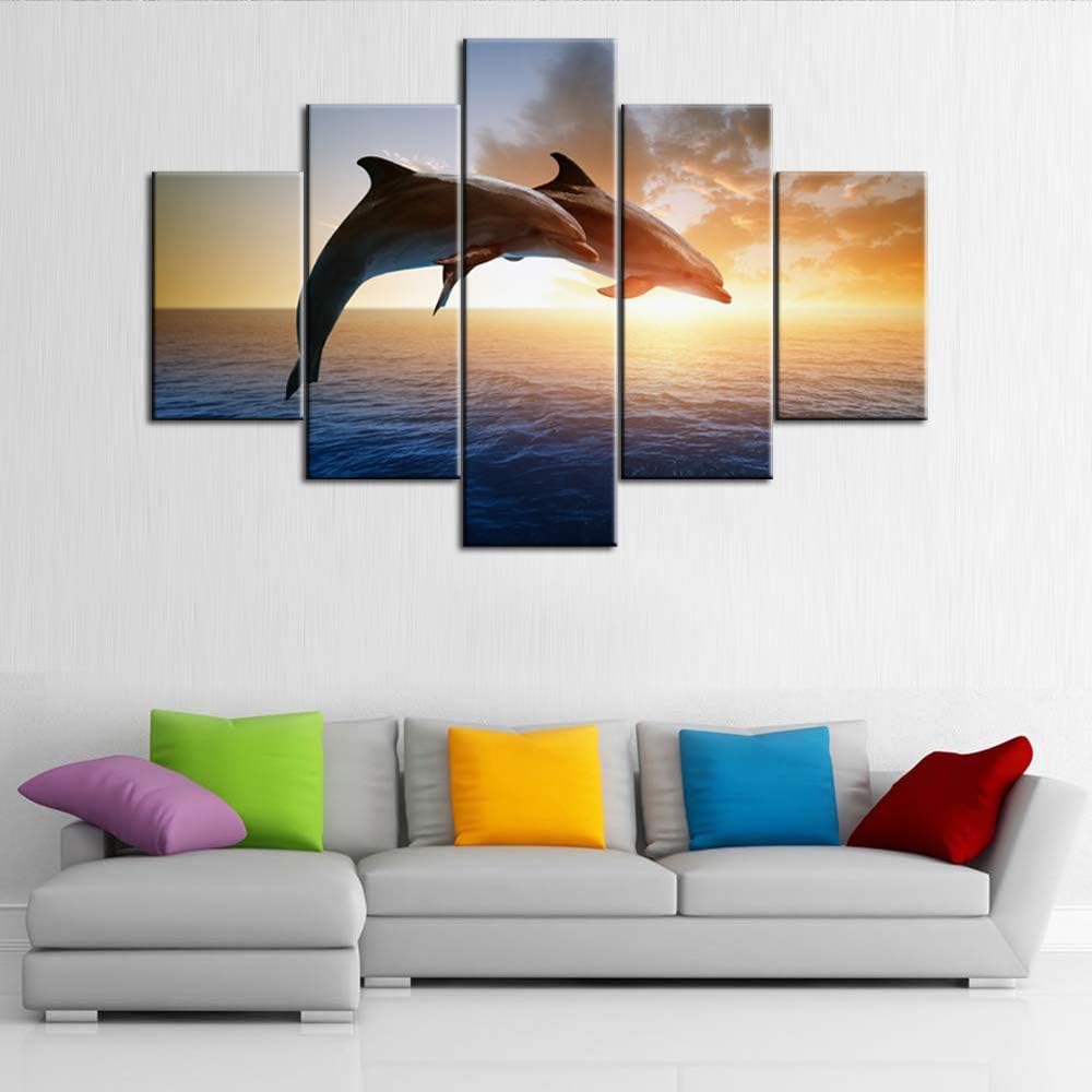 Blасk Frіdау - 70% оƒƒ Fish Artwork for Walls Portraits of Dolphin Pictures Marine Sunset Paintings for Living Room 5 Panel Printed on Canvas Undersea Animal Wall Art Home Decor Stretched Framed Ready to Hang(60''Wx 40''H)
