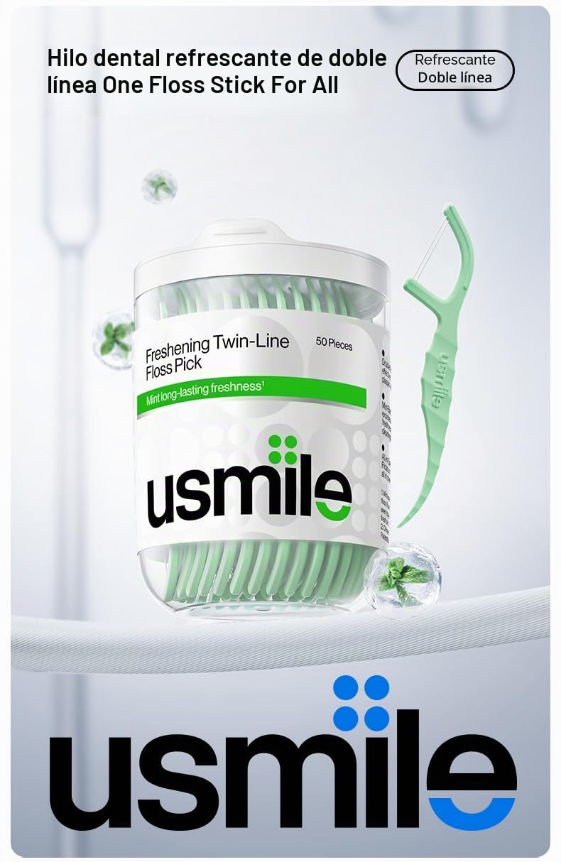 【Paquete 4 en 1】 Irrigador Bucal Portátil usmile C10 (Azul y Blanco), Estuche de Viaje y 2 Paquetes de 50 Palillos con Hilo Dental – Set Completo de Cuidado Bucal Familiar para el Hogar y Viaje