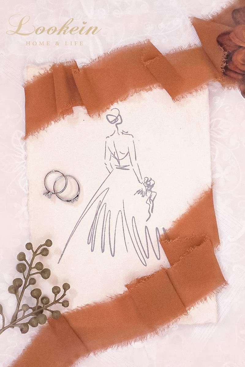 Lookein Handmade 1.5" Chiffon Silk-Like Ribbon Swatch Chart Vintage Frayed Edges Ribbon for Wedding Invitations Bouquets Gift Wrapping Decorations, Boho Terracotta Boho Terracotta Silk