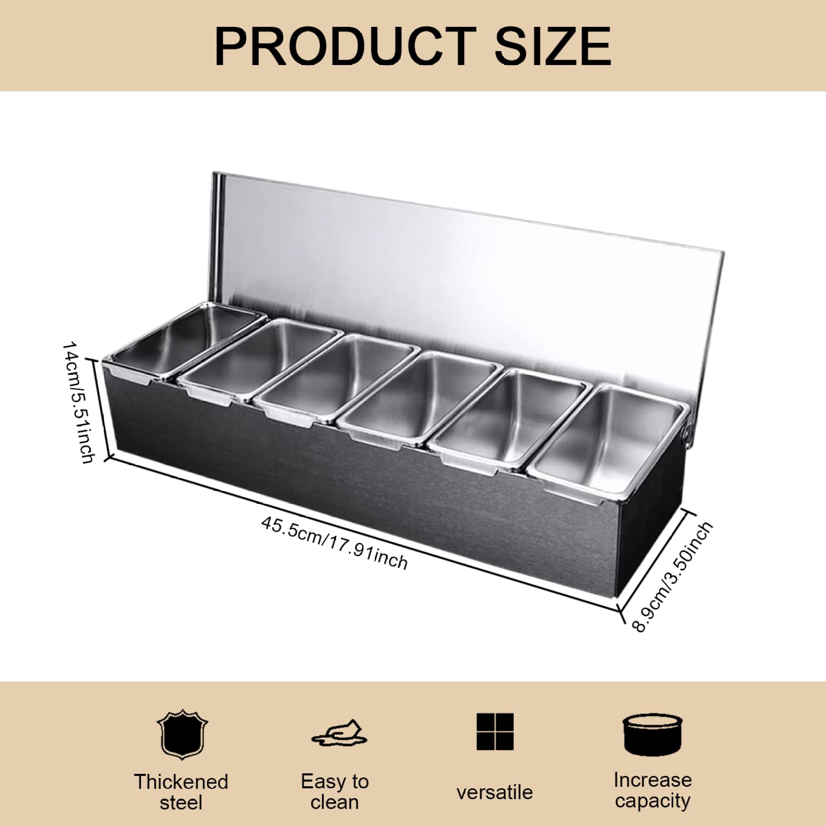 Sta - Contenitore per pizza in acciaio, 45,7 x 10,2 x 15,2 cm, 6 scomparti, con coperchio rimovibile, per condimenti per casa e ristorante