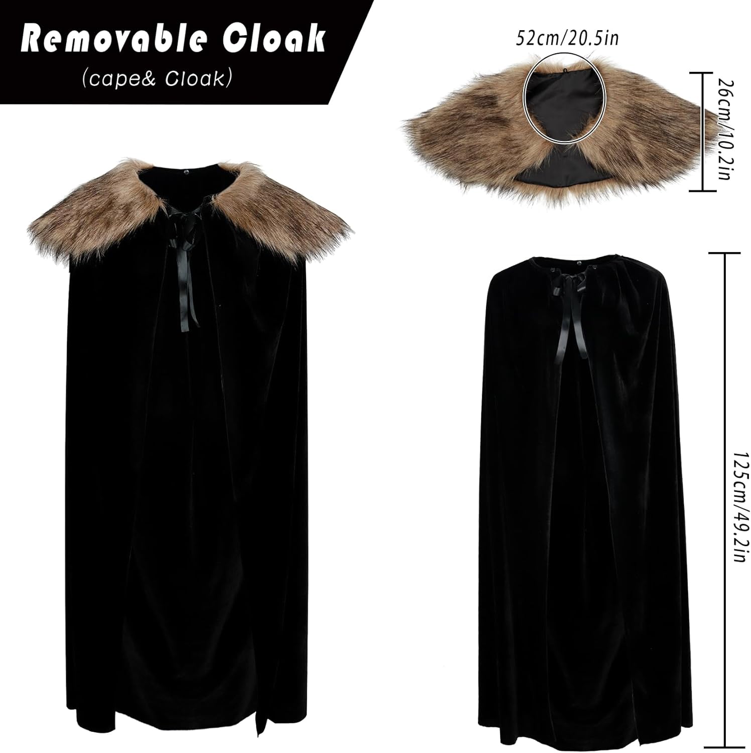 Joukavor Black Velvet Cloak with Detachble Viking Fur Collar Medieval Fur Cape - Image 5