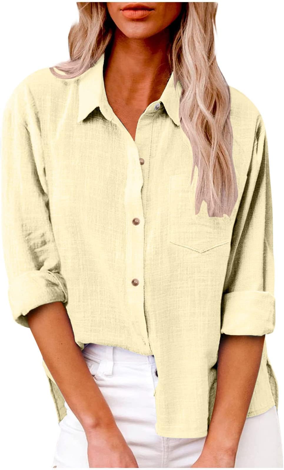 Linen Button Down Shirt Women Plus Size Loose Fit Collared Work Gauze Tops Long Sleeve V Neck Rolled Up Tunic Blouses