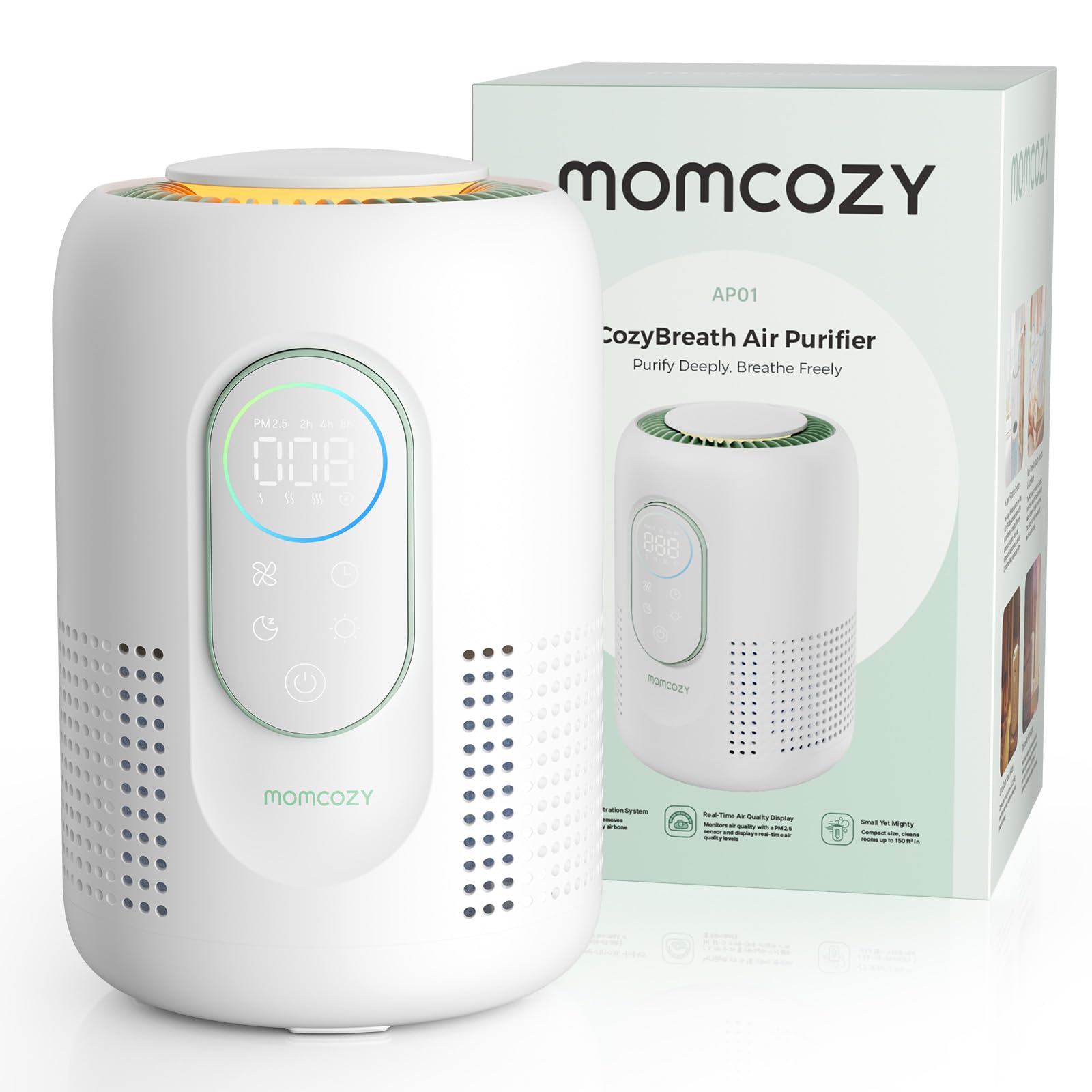 Momcozy Luftreiniger für das Kinderzimmer, 4-Filtersystem mit H13 HEPA- und Aktivkohlefilter, Echtzeit-PM2,5-Luftqualitätsüberwachung, 21 dB Schlafmodus, Leise für Allergiker gegen Staub | Luftreiniger mit 4 Geschwindigkeiten, Schlafmodus 21 dB, verstellb