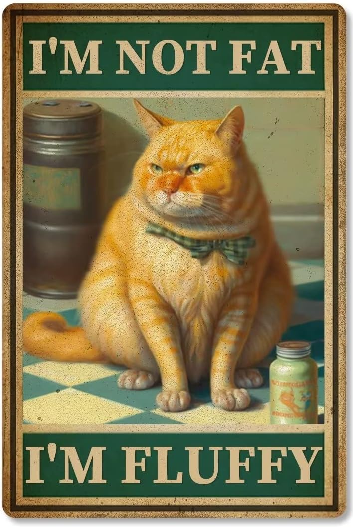 Vintage Funny Fat Orange Cat Tin Sign I'M Not Fat I'M Metal Poster Retro Plaque Wall Decor Gift For Garden Garage Classroom Library Living Room Cinema 16x24 Inch