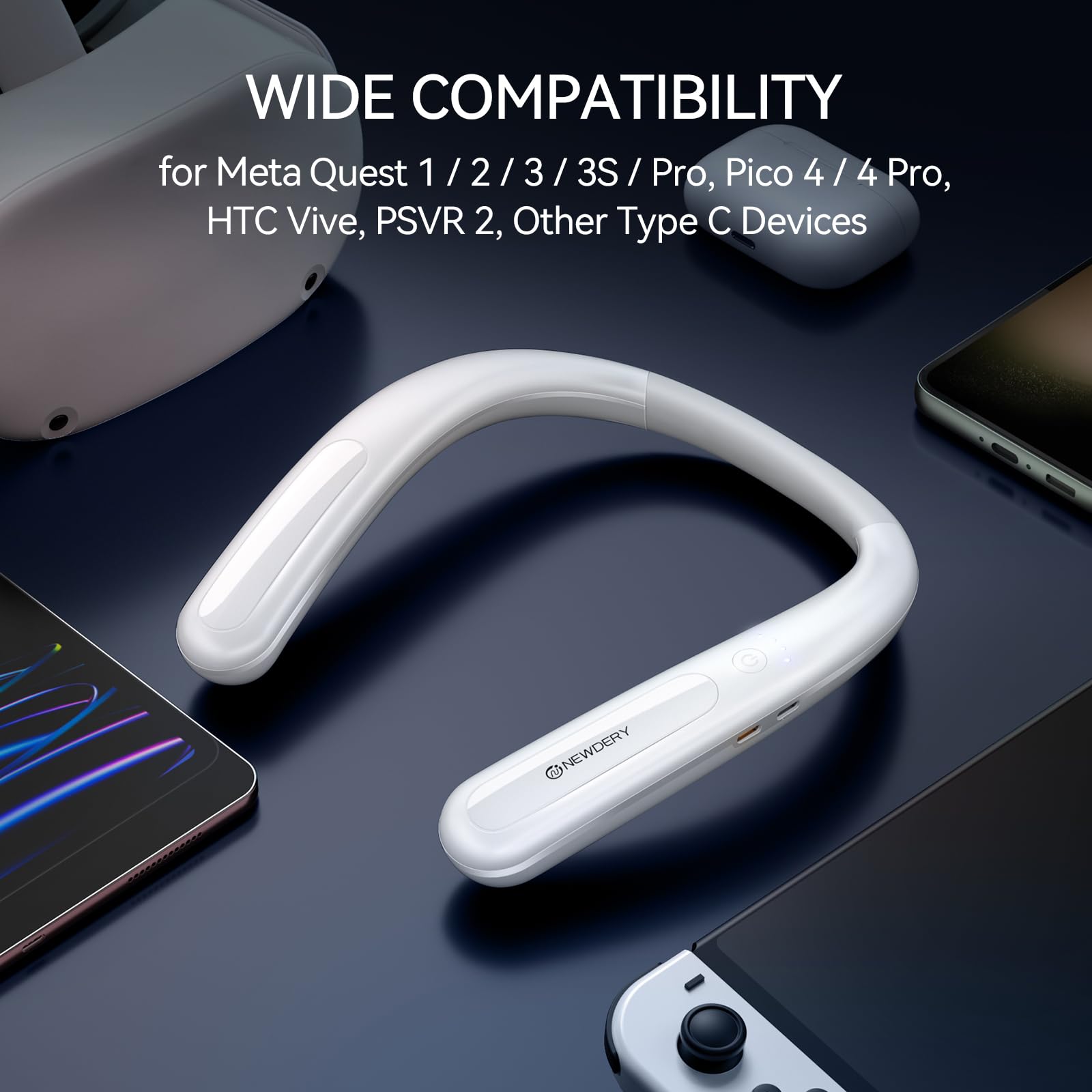 NEWDERY Akku für Meta Quest 3, 10000 mAh Powerbank zum Aufhängen am Hals für zusätzliche 3–5 Stunden Spielzeit, PD-Schnellladegerät für Oculus Quest 3S/3/2/1/Pro, Pico 4/4 Pro, HTC Vive, PSVR 2 – Weiß