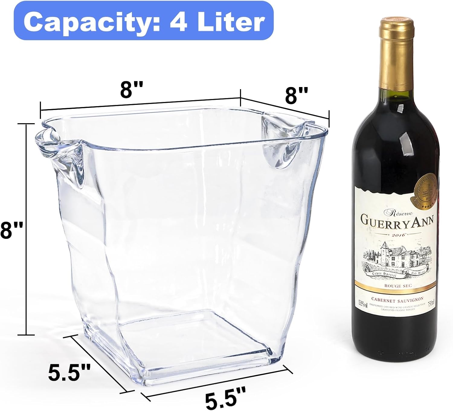 Peohud Square Ice Bucket, 4 Liter Plastic Champagne Bucket for Parties, Clear Beverage Tub with Handle for Indoor Outdoor Bars, Patio, Wine, Drink