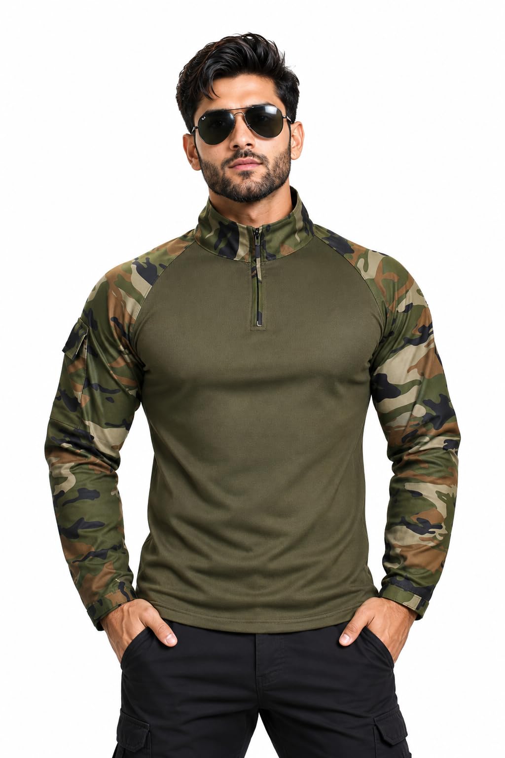 Men's Tactical Combat T-Shirt, Olive Green with Camouflage Sleeves, Quarter Zip, Long Sleeve-image-49