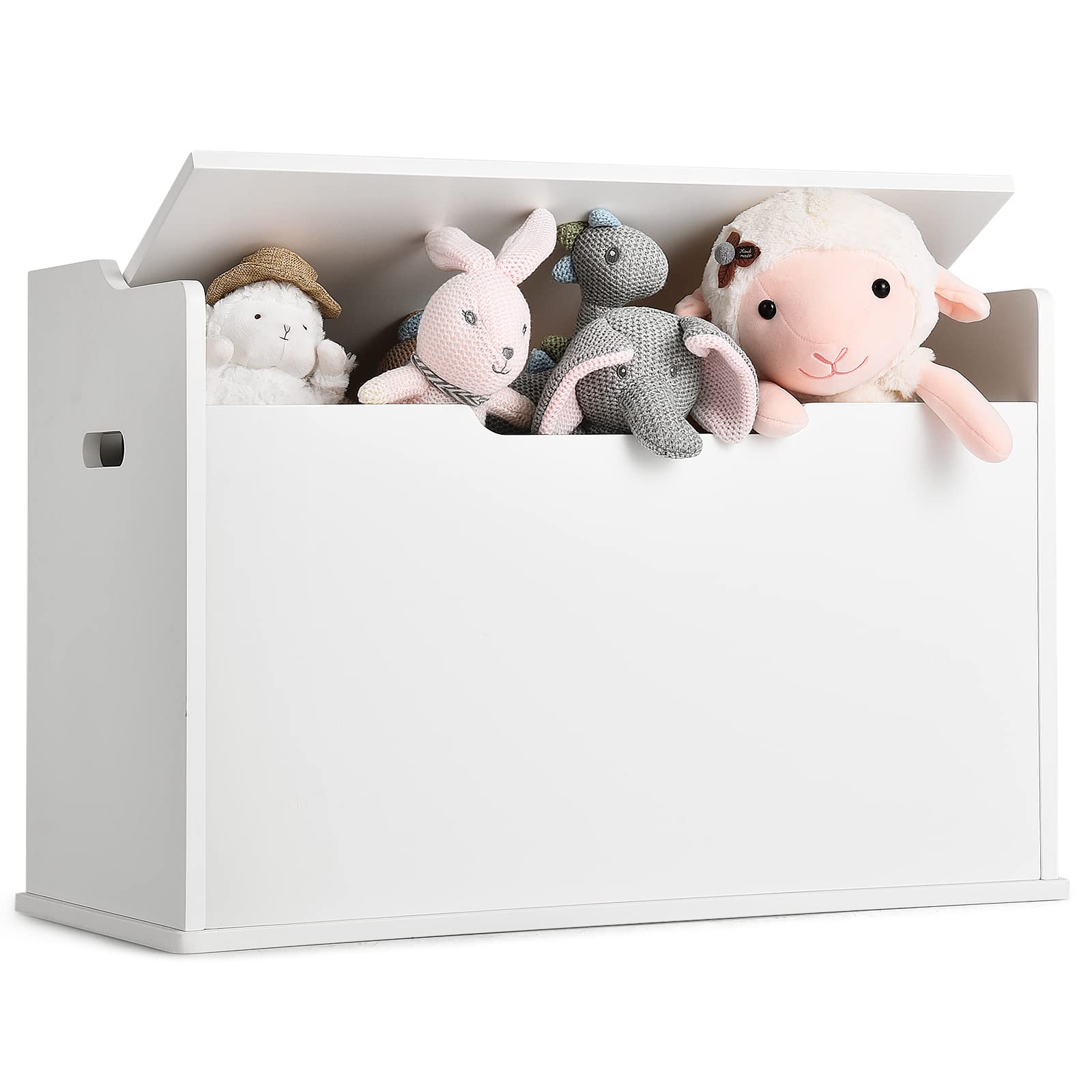 GYMAX Scatola Porta Giochi in Legno, Contenitore per Giocattoli con Coperchio Sollevabile, Panchina con Cuscino, Grande Capacità, Maniglie Incorporate, 74 x 39 x 52 cm (Bianco)