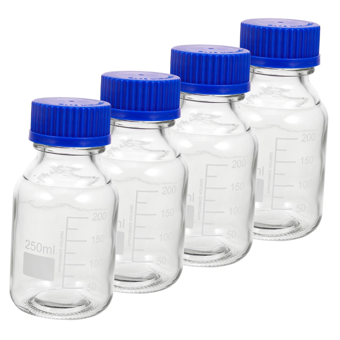 Set da 4 Bottiglie di Vetro per Reagenti con Tappi a Vite Blu, Capacità 250ml, Leggere e Lavabili, per Applicazioni in Laboratorio e Istituti Chimici