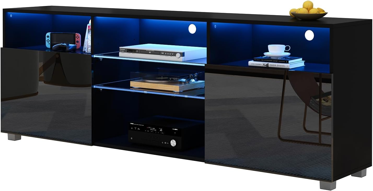 St.Mandyu LED TV Stand for 65/75 inch TV, Modern Television Table Center Media Console with Drawer and Led Lights, High Glossy Entertainment Center for Living Game Room Bedroom(Black)¡ - Image 5