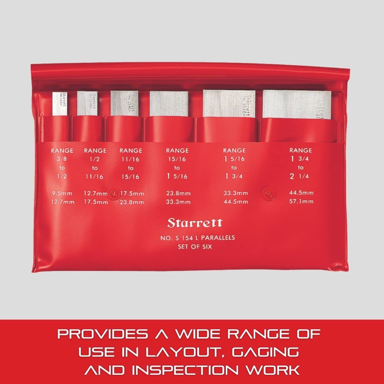Starrett Adjustable Parallel Set for Layout, Gaging and Inspection Work - 1-3/4", 2-1/8", 2-11/16", 3-9/16" Length, 3/8" to 1-5/16" Range, 9/32" Thickness - S154LZ