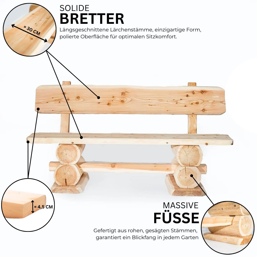 Mega Holz Gartengarnitur Lärche Rustikal 200 cm - Aus heimischer Lärche, naturbelassen - Garten Lounge Set aus massivem Holz 3-teilig - Gartenmöbel für Terrasse, Garten & Balkon, fertig montiert