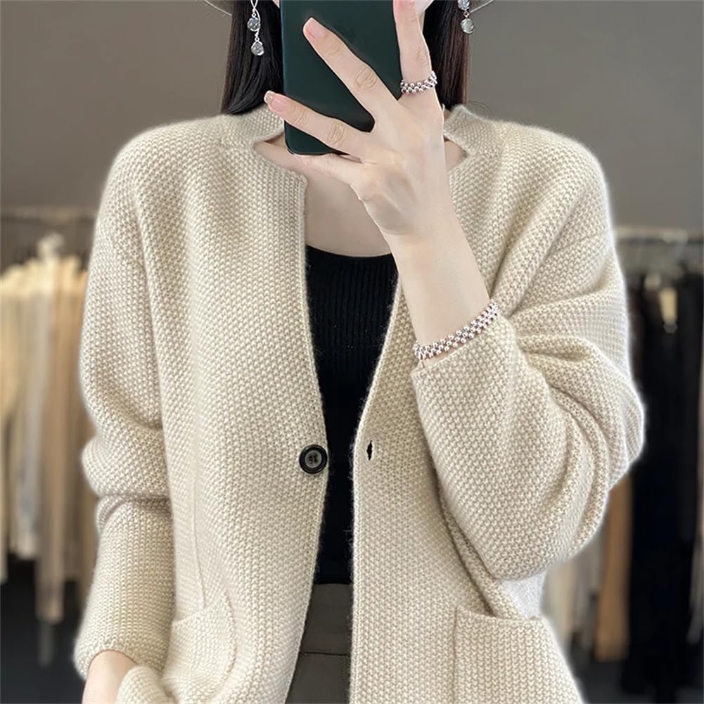 【上品で大人気♪】100% ウール ニット カーディガン セーター レディース Vネック スーツ セーター コート ワンボタン ニット ブレザー (ホ