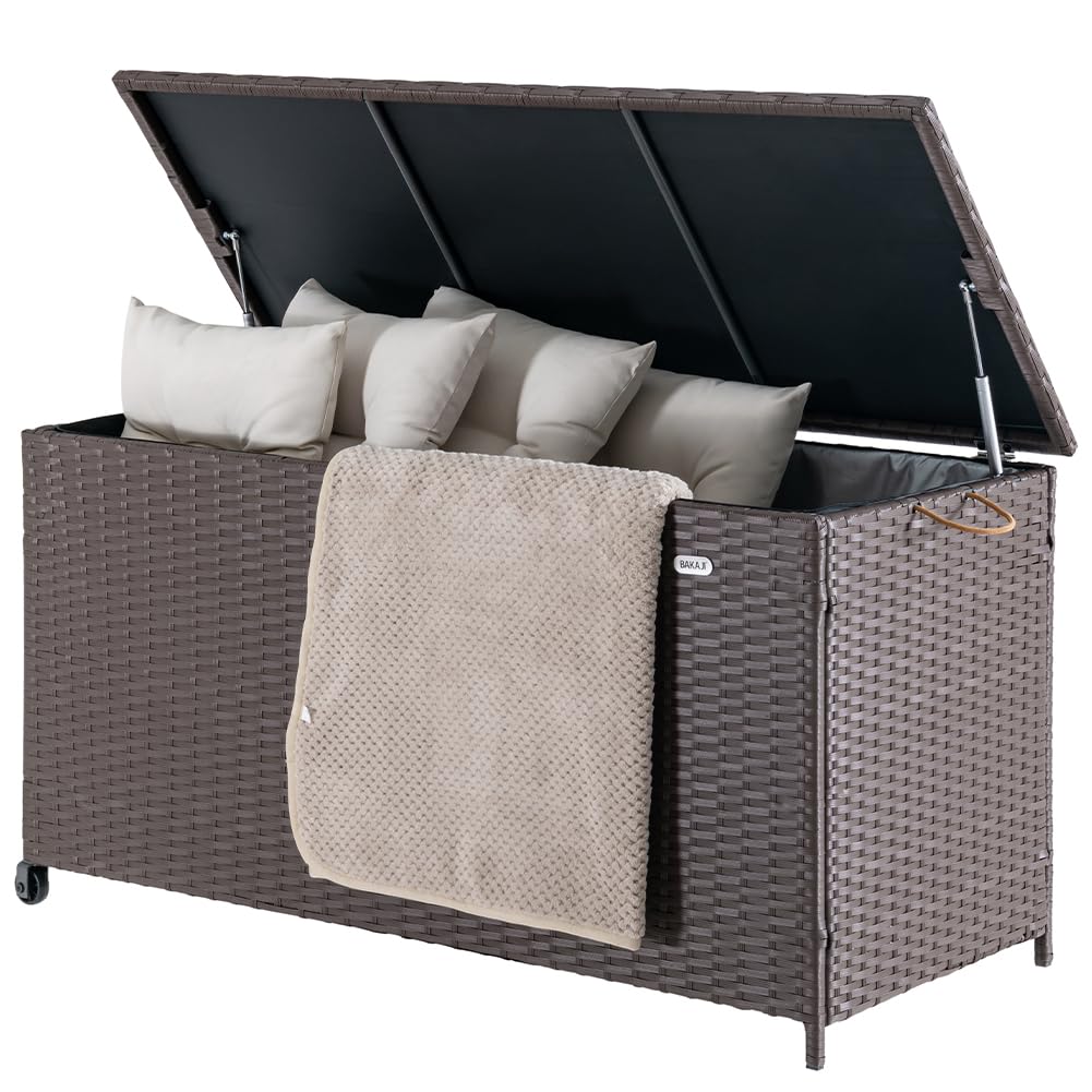 BAKAJI Coffre de rangement de jardin en polyrotin 420 litres, boîte d'extérieur imperméable résistante aux rayons UV, coffre XXL avec roues pour transport et poignée, 121 x 55 x 60 cm (marron)