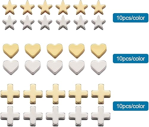 Miniatura 2 de Craftdady 60 cuentas espaciadoras de estrella de crucifijo de 3 estilos, cruz y corazón, platino, oro, diminutas cuentas de latón sueltas para hacer