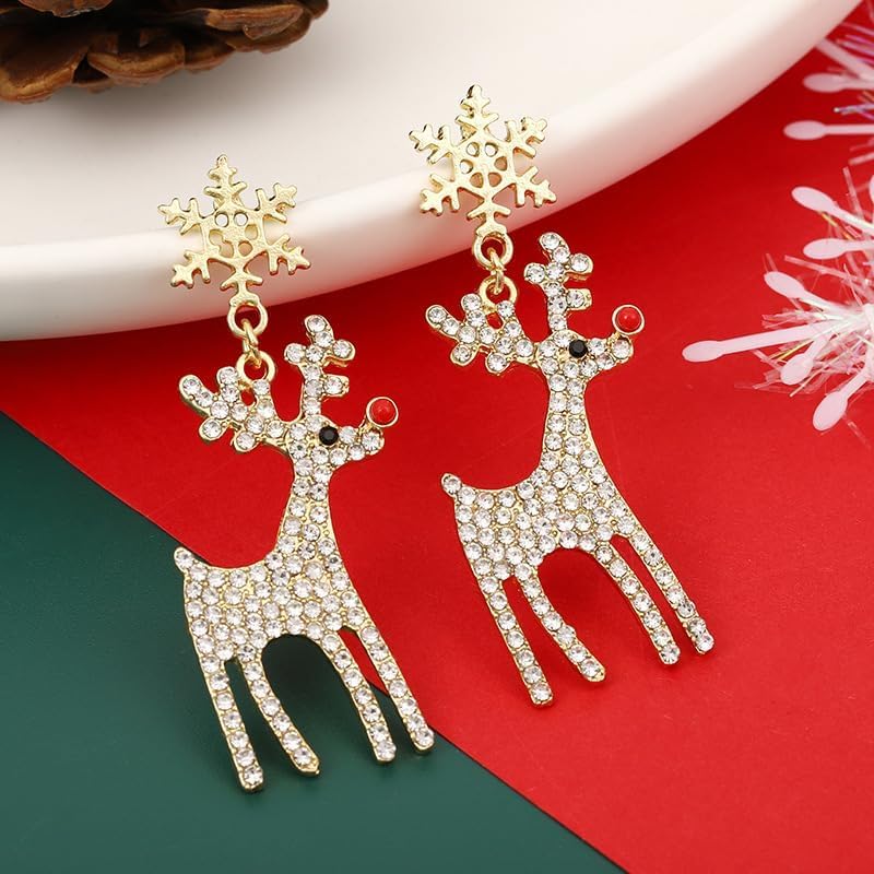 Christmas Earrings for women Rhinestone Snowflake Elk Earrings Cubic Zirconia Christmas Dangle Earrings Crystal Animal Stud Earrings Christmas Party Jewelry - Image 6