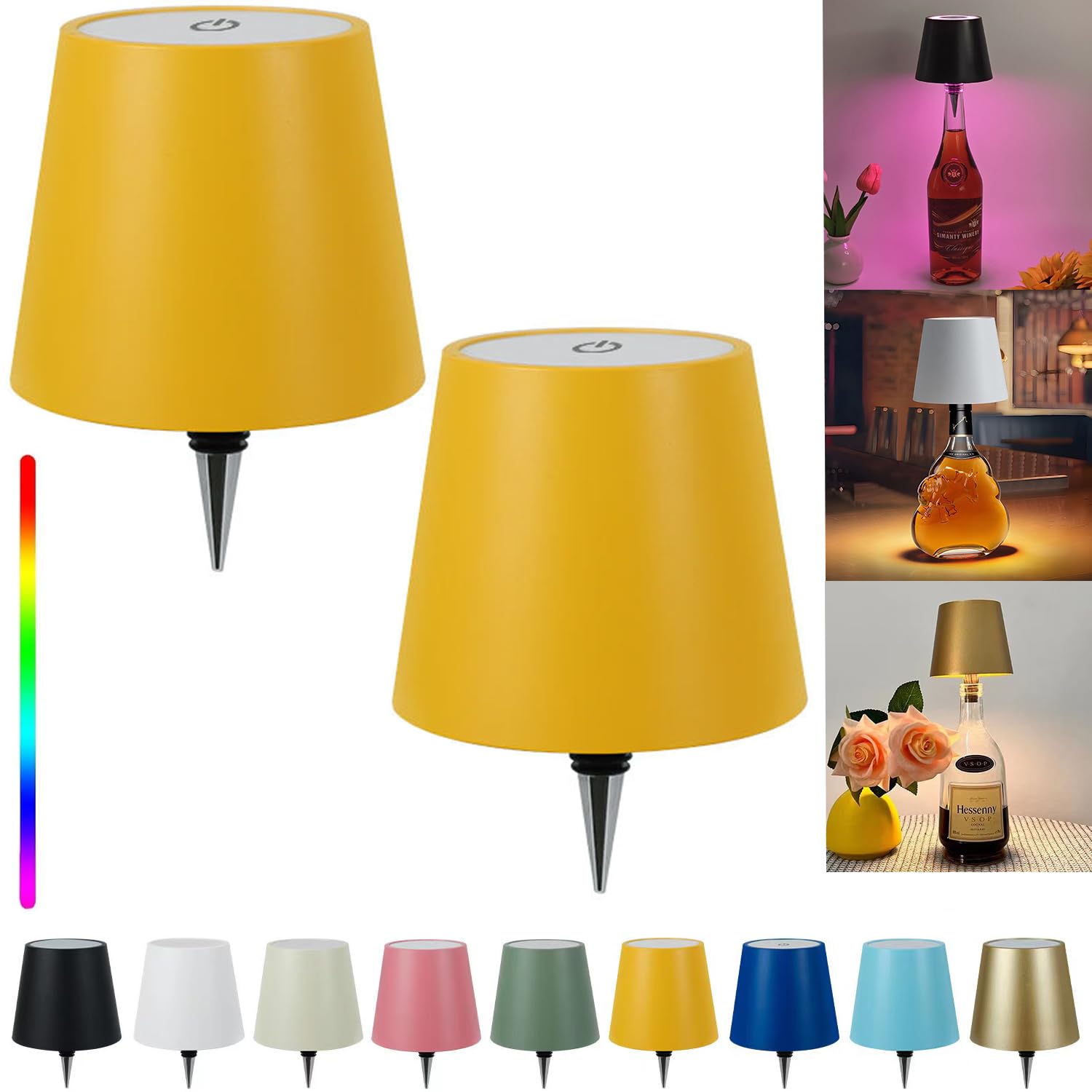 Pridola Wireless Bottle Lamp Shade - LED Rechargeable 3 Color Stepless Dimming - Touch Liquor Bottle Lamp Kit - Outdoor Table Lamp - Bar Lamp - Wine Bottle Lamp(2Pcs-Yellow)