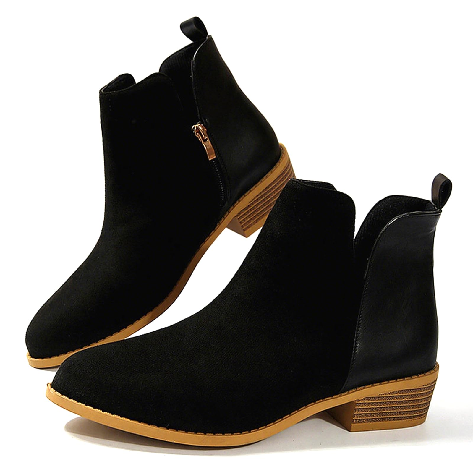 Womens Suede Cork Chunky Heel Ankle Boots Comfortable Side Zipper Round Toe Low Block Heel Booties For Casual