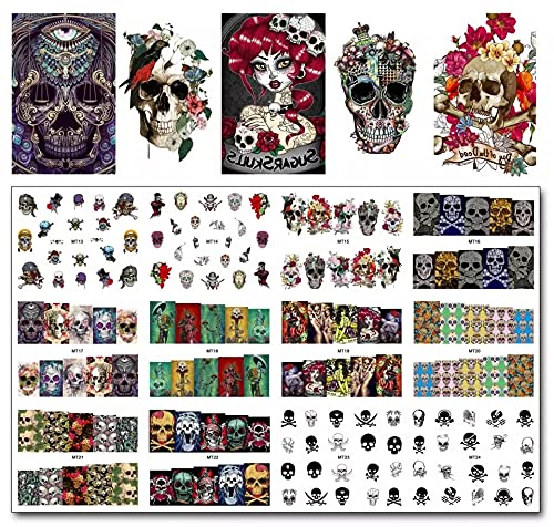 Nail GangDay of The Dead Sugar Skull Nail Decals Dia de Los Muertos 12 Sets Over 120 Sugar Skull Day of The Dead Flowers Mexican Holiday Nail Art Halloween Decoration kit (10)