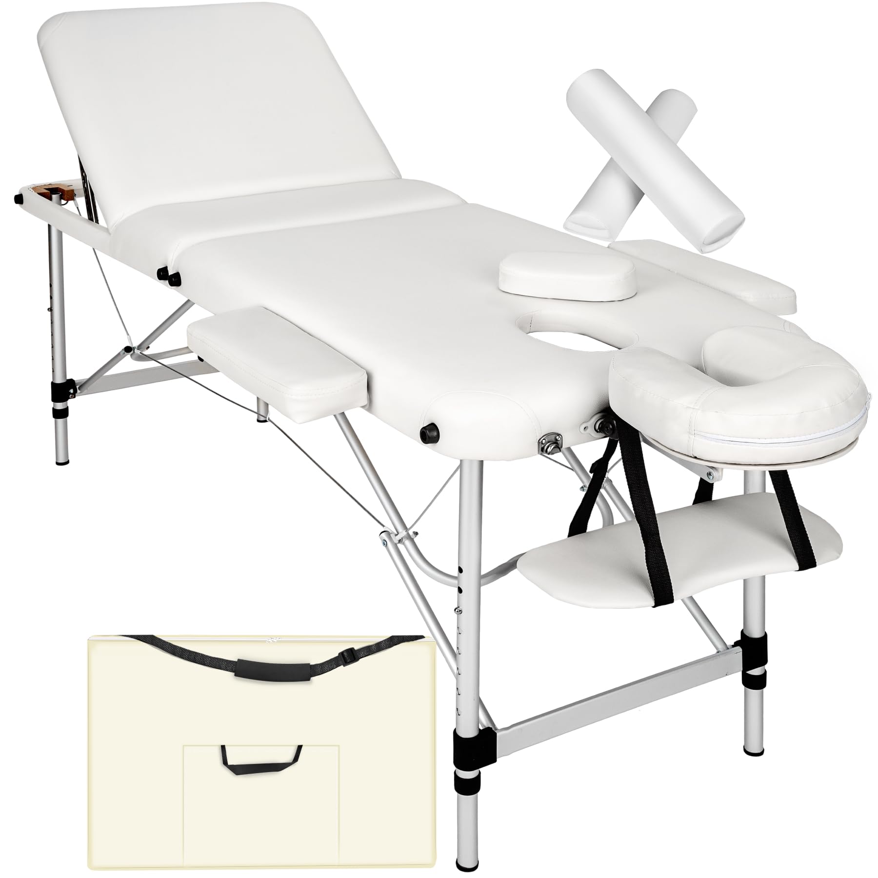 tectake® Camilla de Masaje Plegable de Aluminio, Estética Profesional para Quiromasaje, Tatuajes, Reiki y Fisioterapia - Altura Ajustable, 3 Zonas, con Bolsa de Transporte - Blanco