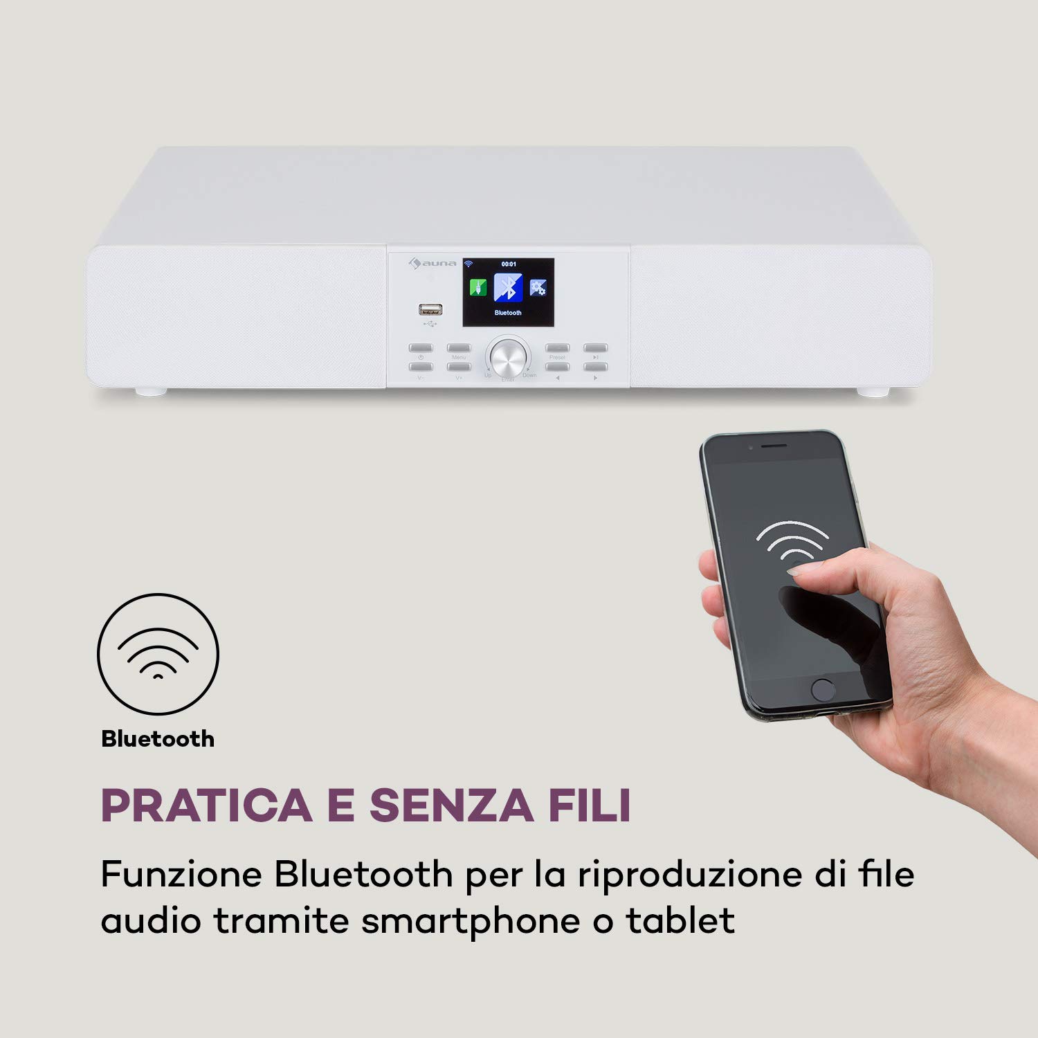 AUNA Stealth Base - Connect Soundbase, 2x15 W + 30 W RMS, Radio Web/DAB+/FM, Bluetooth, AirMusic Control App, Display LC da 2,8", Porta USB, Ingresso Line, Bianco